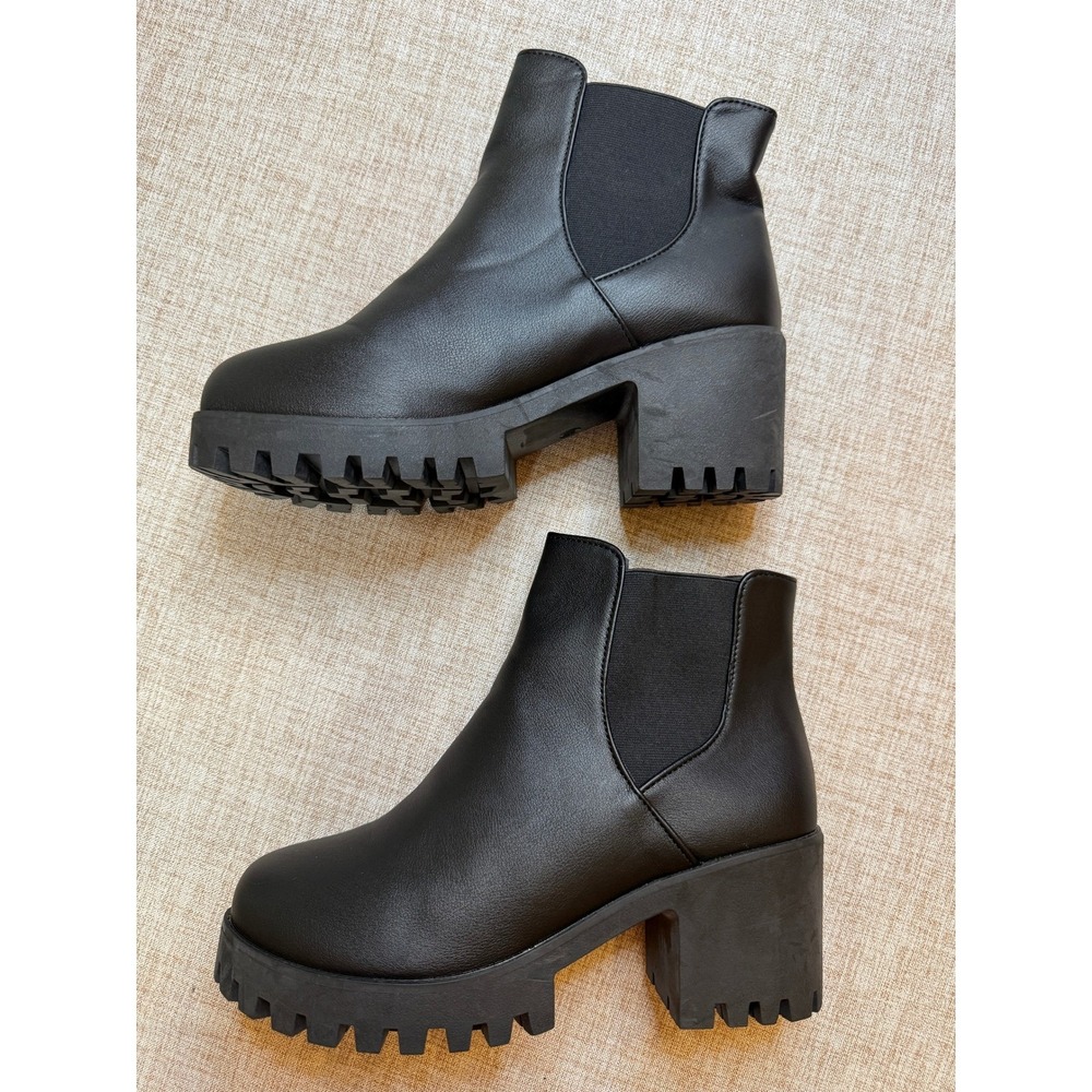 Black Platform Chelsea Boots Chunky Block Heel Lug Sole Ankle Booties Womens 8